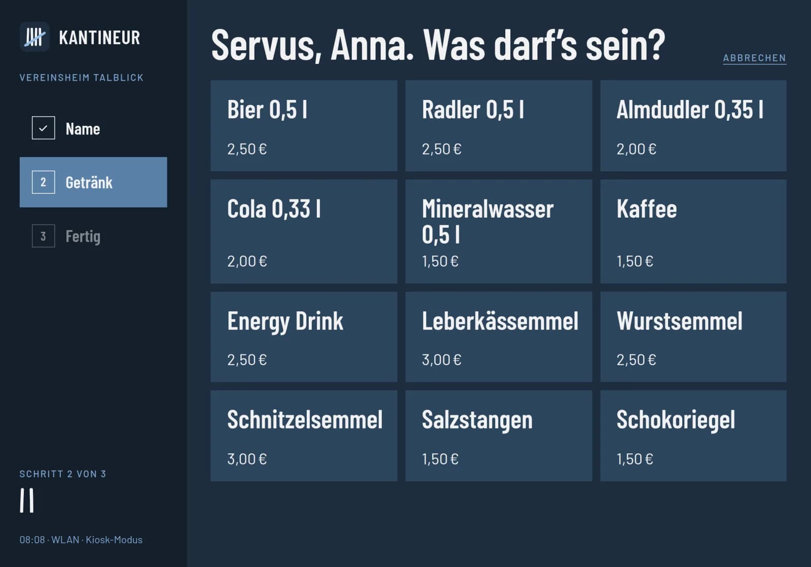 Die Kasse am Tablet: Getränke als große Kacheln