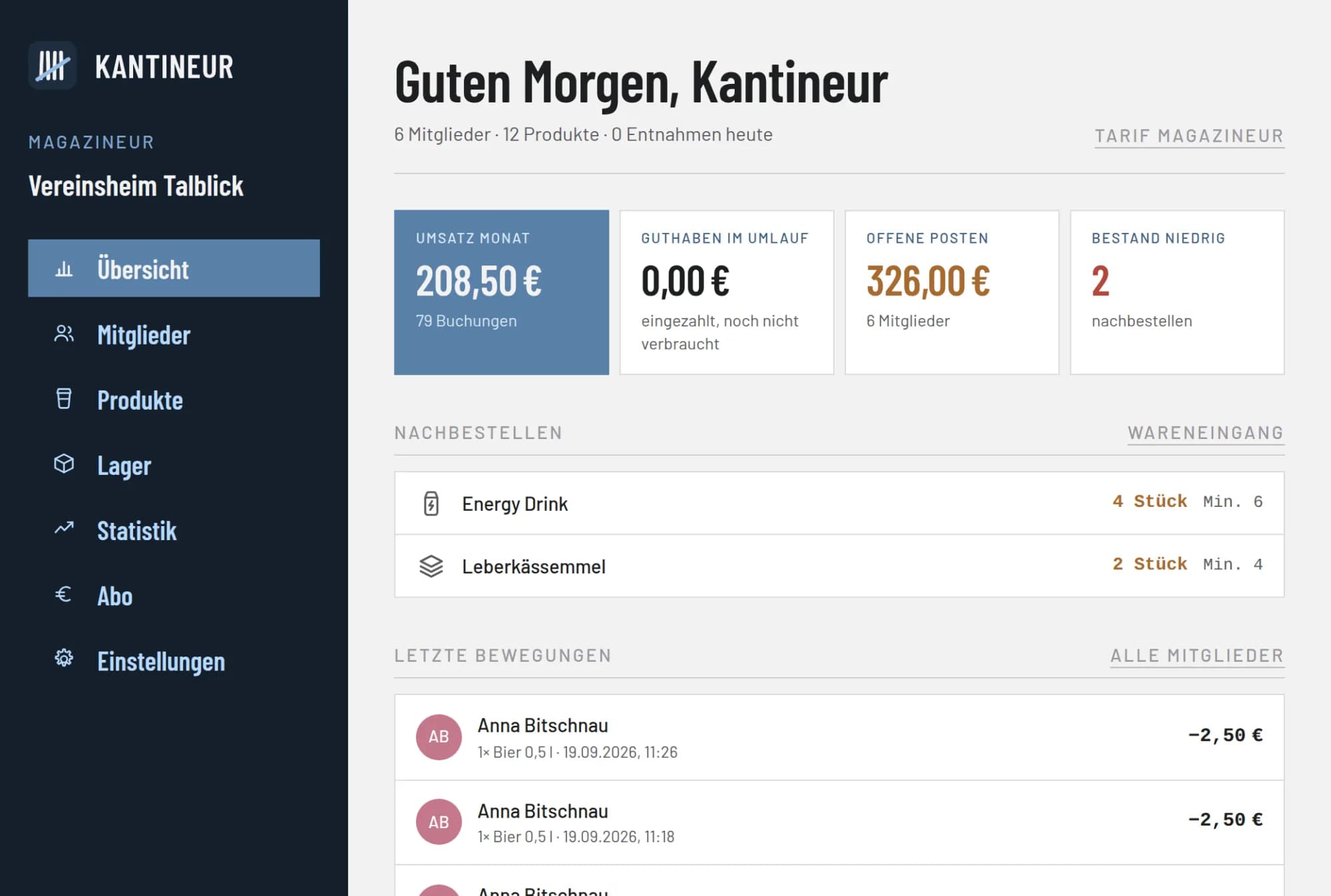 Die Übersicht im Kantineur-Bereich